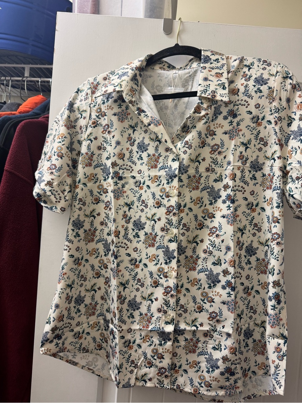 Womens Short-Sleeve Floral Button-Up Shirt — Cream with Blue & Brown Floral Prin